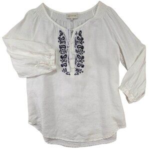 Jones New York Top Womens‎ L White Linen Embroidered Boho Peasant Hippie Chic